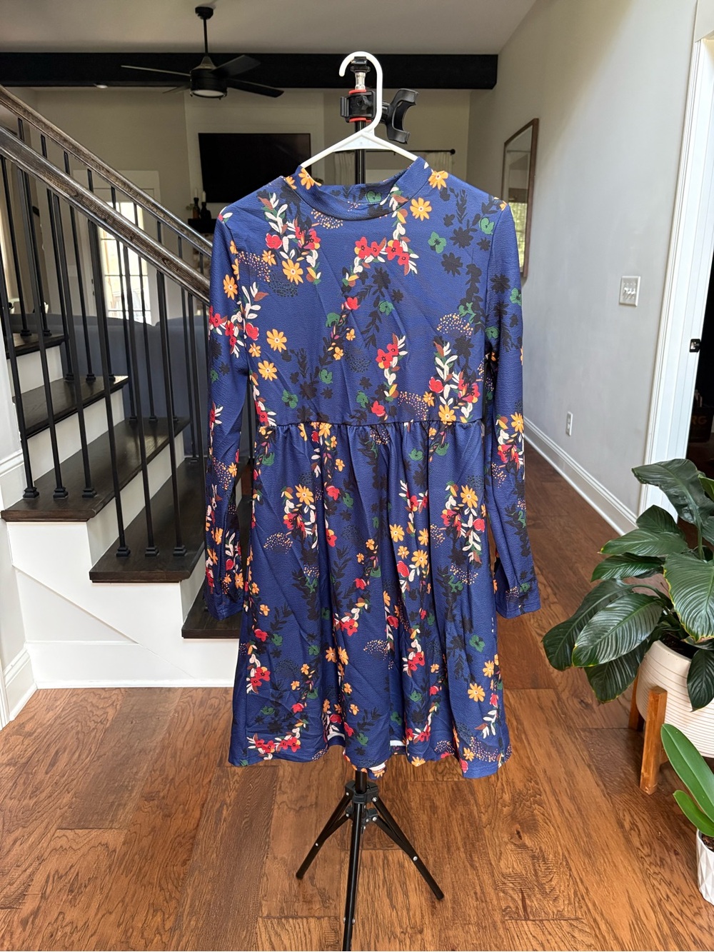 Zitlo XL Blue Floral Long Sleeve Midi Dress